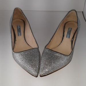 Prada Silver Glitter Kitten Heel Pointed-Toe Pumps